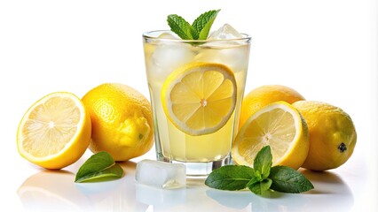 Freshly squeezed lemonade poured into a glass filled with ice, garnished with a slice of lemon, on a clean and crisp white background.