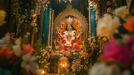 Obraz premium Lavishly decorated statue of Goddess Durga during Vijayadashami, surrounded by floral decorations and golden lamps, Ai generated images