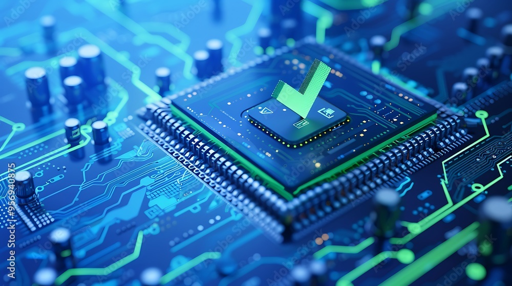 Poster close-up image of a microchip on a circuit board with a glowing checkmark, symbolizing successful te