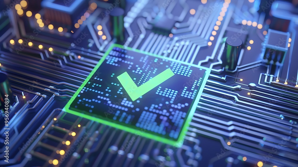 Aufkleber close-up of a circuit board with a glowing green check mark, symbolizing successful digital validati
