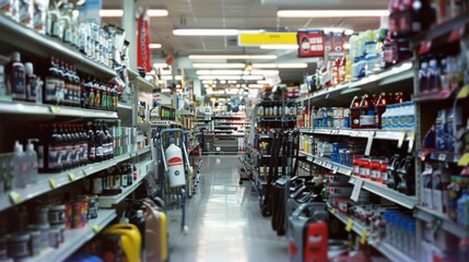 Obraz premium A close-up view of a jam-packed hardware store aisle, brimming with a myriad of products for diverse DIY needs, presenting an organized chaos.