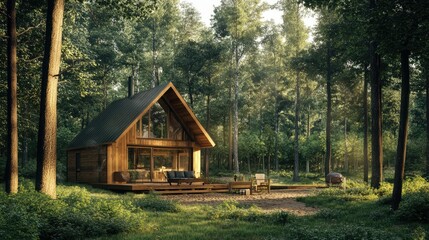 Rustic wooden cabin in a tranquil forest, perfect for an idyllic nature retreat, blending modern comfort with natural beauty.