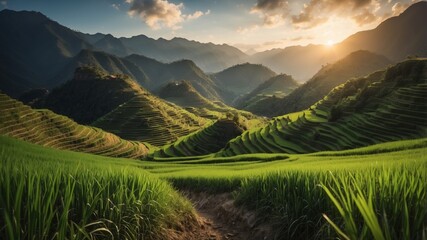 Tranquil scene of green rice fields surrounded by towering peaks.