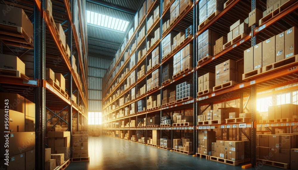 Poster a spacious warehouse with numerous rows of high shelves stacked with boxes and products. sunlight st