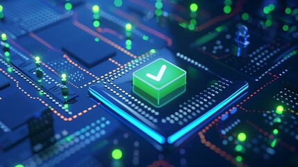 Fototapeta premium Close-up of a computer chip with a green checkmark symbol, representing validation and security in modern technology systems.