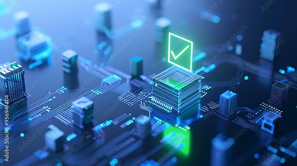 Poster close-up of a digital circuit board with a glowing checkmark, symbolizing technology approval or sec