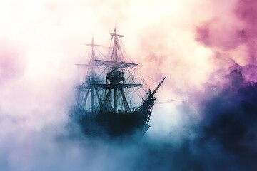 Fototapeta premium A majestic ship emerges through colorful fog, creating a mysterious and enchanting atmosphere on the water.