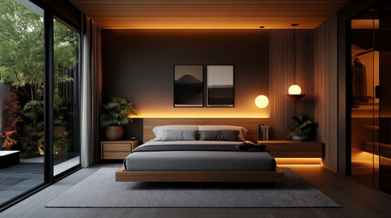 Modern bedroom interior featuring a minimalist design, large floor-to-ceiling windows, accent lighting, wooden furniture, and indoor plants.