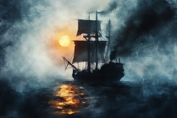 Obraz premium A majestic ship sailing at sunset, surrounded by misty waters, creating an enchanting and mysterious atmosphere.