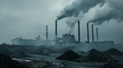 Fototapeta premium Dense smoke emerges from industrial chimneys under an overcast sky, casting an intense and heavy atmosphere over the sprawling factory complex.
