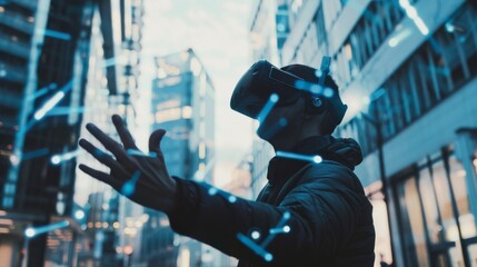 A tech enthusiast engages with a vivid virtual environment, his outstretched hands interacting with the digital elements around him amidst an urban landscape.