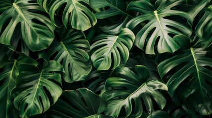 Fototapeta premium A lush, vibrant collection of overlapping monstera leaves fills the frame, showcasing rich green hues and intricate patterns, creating a tropical, serene atmosphere.