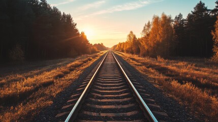Fototapeta premium A long, straight railroad track stretches into the distance, bathed in the golden glow of a setting sun.