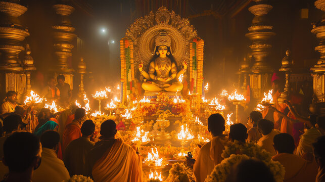 A grand Vijayadashami celebration in an ancient Indian temple, with a towering statue of Lord Durga, surrounded by brightly lit oil lamps. Ai generated images