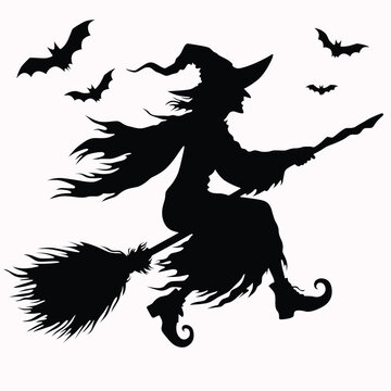 recommend clip art: Vector illustrations of Halloween silhouette wicked witch with hat flying on a broomstick with Bats