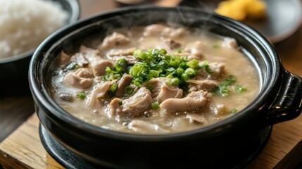 Samgyetang ginseng chicken soup in a black ceramic pot, with steam rising from the broth. The dish is garnished with chopped green onions and served with rice on the side.