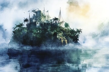 Fototapeta premium A mystical island with lush greenery and misty waters, evoking a sense of adventure and tranquility.