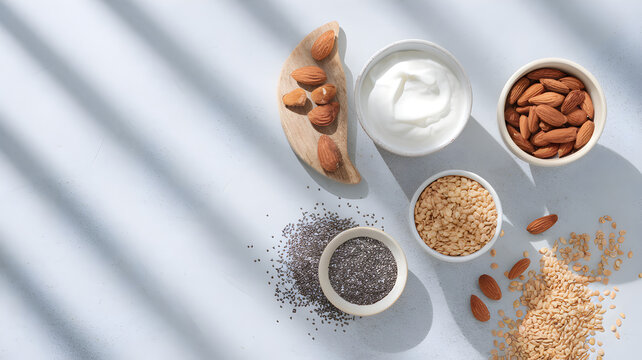 minimalist arrangement of almonds, chia seeds, sesame seeds, and yogurt on a light background with soft shadows. Highlights concepts of healthy eating, plant-based nutrition, and incorporating nutrien