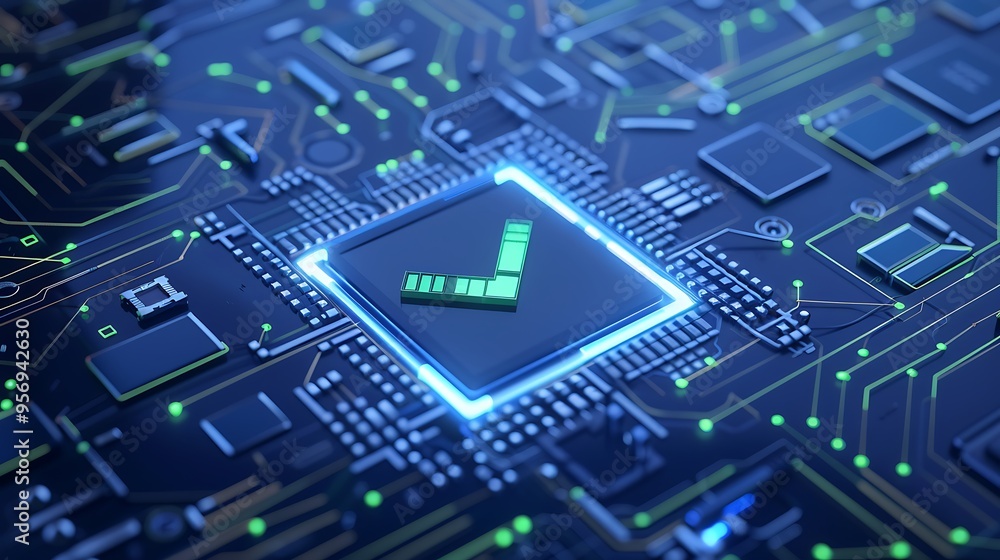 Poster close-up of a glowing microchip on a circuit board, showcasing modern technology and advanced electr