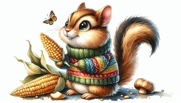 A charming watercolor illustration of a friendly chipmunk wearing a colorful sweater and holding a corncob.  The chipmunk's big eyes and cheerful expression create a sense of warmth and joy.  The imag
