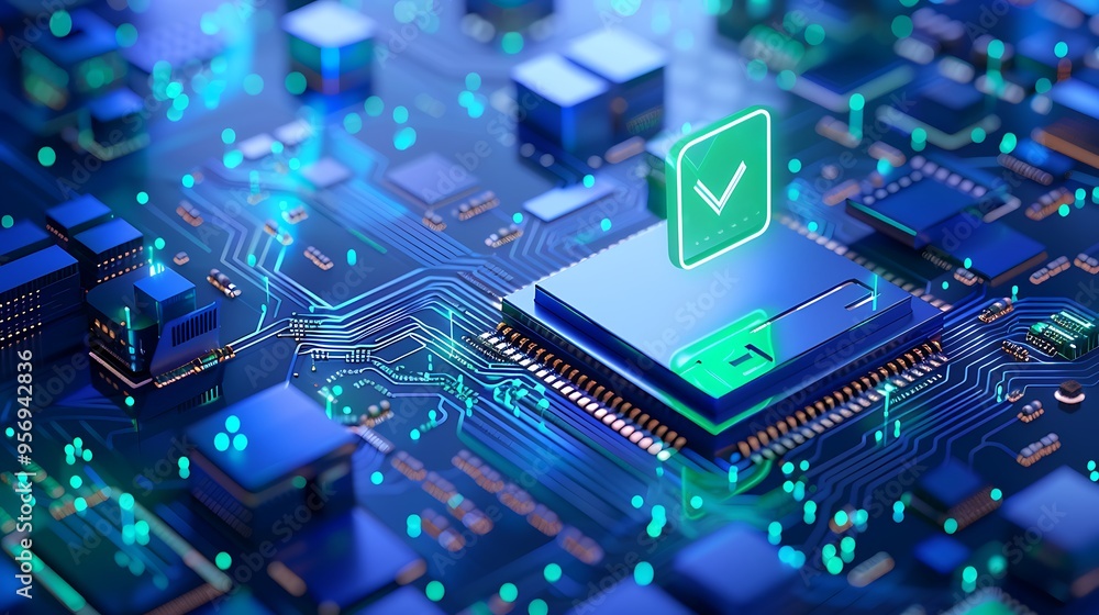 Poster close-up of a glowing microchip with a checkmark icon on a circuit board, representing technology an