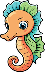 Fototapeta premium Cute seahorse cartoon character illustration png, colorful sea animal clipart for ocean life, aquatic, children book, kids, activity book, baby shower, sticker, anime, nature, drawing, aquarium, art