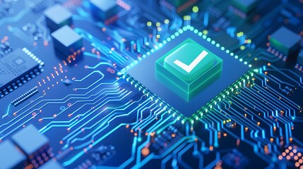 Close-up of a glowing microchip with a check-mark symbolizing technological precision and reliability in cybersecurity. Futuristic circuit board.