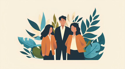 3 young people standing next to each other, one man and two women in business on a background with white space for text