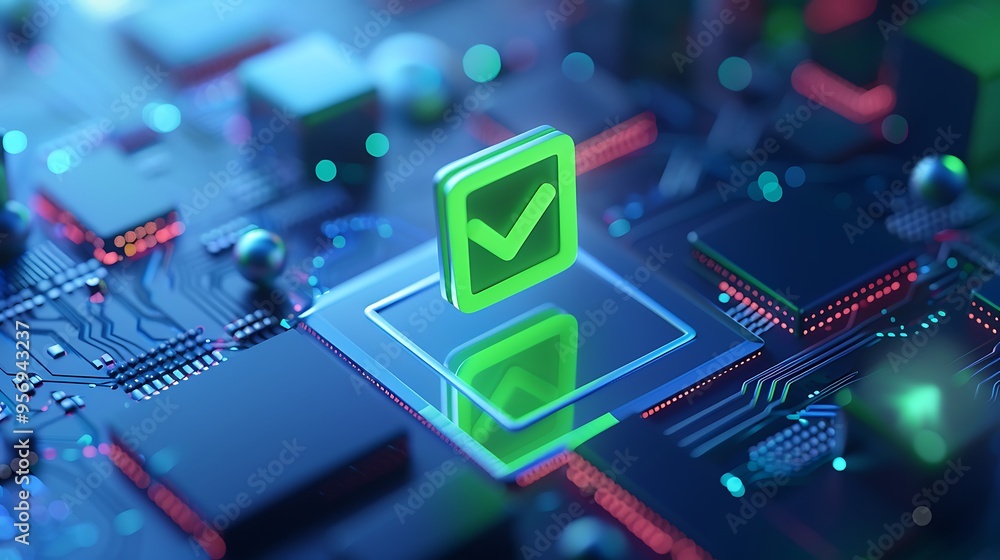 Poster close-up of a high-tech electronic circuit board with a glowing green checkmark symbol indicating su