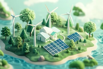 Naklejka premium A vibrant island showcasing renewable energy sources with wind turbines and solar panels surrounded by lush nature.
