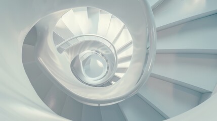 Fototapeta premium A uniquely crafted spiral staircase with a glossy white finish twists elegantly, merging art with modern architecture.