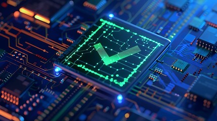 Fototapeta premium Close-up of a microchip circuit board with a glowing green checkmark symbolizing successful digital verification and technology.