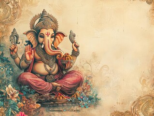 Ganesh sweets, A note paper with evenly spaced centered horizontally, featuring a small vivid watercolor image corner border of Ganesha with traditional Indian sweets