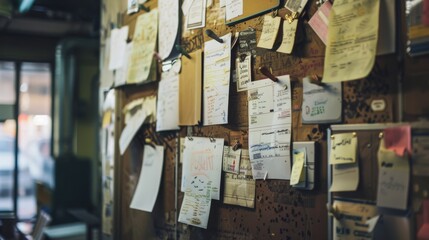Fototapeta premium A cluttered corkboard filled with notes, photos, and reminders, illustrating a busy, eclectic workspace full of ideas and ongoing projects.