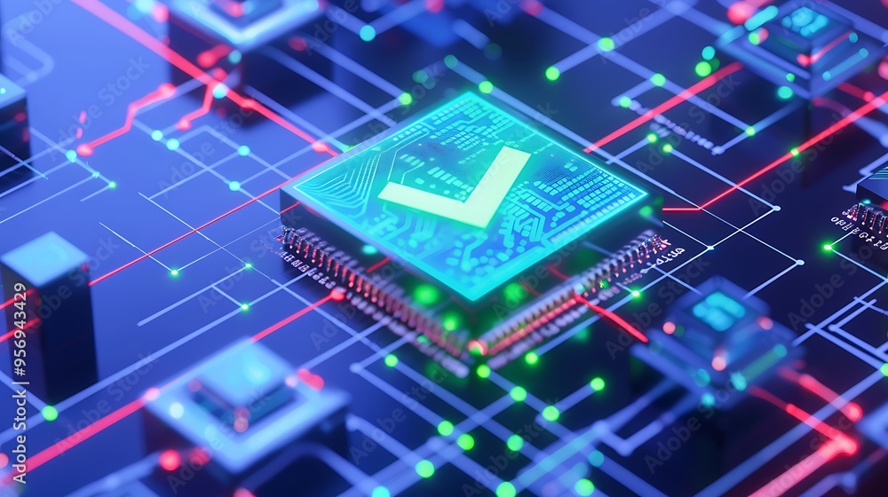 Poster close-up of a microchip on a circuit board with a glowing checkmark, symbolizing advanced technology