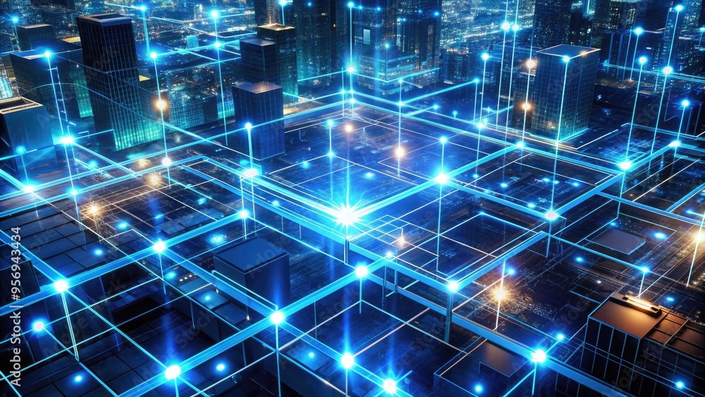 Poster futuristic digital grid with glowing blue circuitry lines and nodes, representing advanced technolog