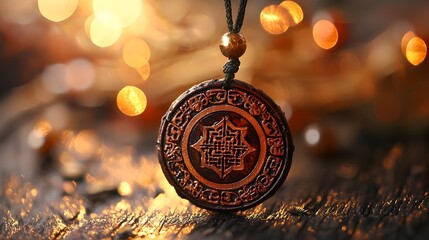 Glowing Amulet of Protective Symbols Radiating Good Fortune and Serenity