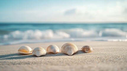 A close-up of seashells scattered across a sandy desert beach, with the ocean softly blurred in the background.