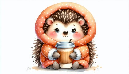Obraz premium A whimsical watercolor illustration of a sweet hedgehog wearing a cozy orange hoodie and holding a cup of hot beverage. The hedgehog has a cheerful expression and is enjoying its warm drink. This illu