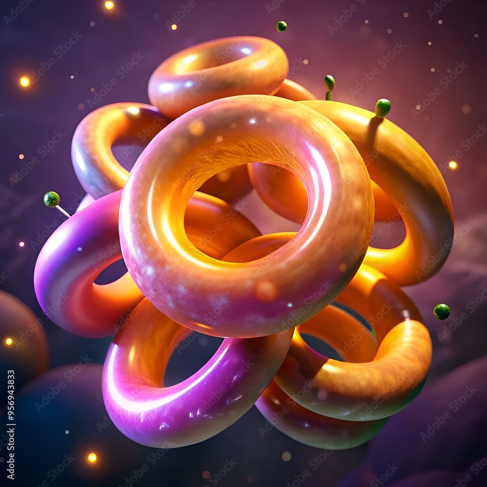Poster a captivating 3d illustration of abstract onion rings intertwined in a mesmerizing cluster. rendered