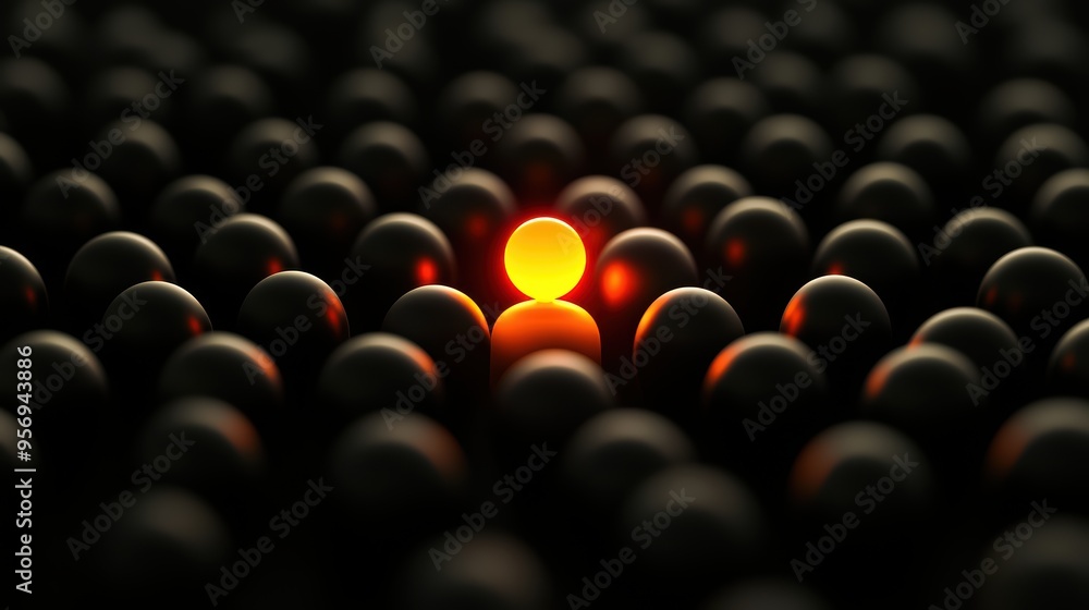Poster a captivating image of a glowing sphere surrounded by dark spheres, symbolizing uniqueness and focus