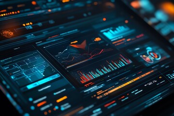Obraz premium Close-up of a modern analytical dashboard showcasing vivid graphs, data visualization, and user-friendly interface design.