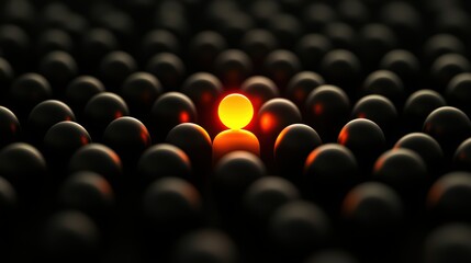 Fototapeta premium A captivating image of a glowing sphere surrounded by dark spheres, symbolizing uniqueness and focus in a vast field.