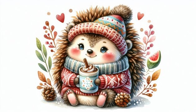 recommend clip art: A charming watercolor illustration of a cute hedgehog wearing a cozy sweater and a beanie, enjoying a cup of hot cocoa on a snowy day. The illustration evokes feelings of warmth, cuteness, and winter 