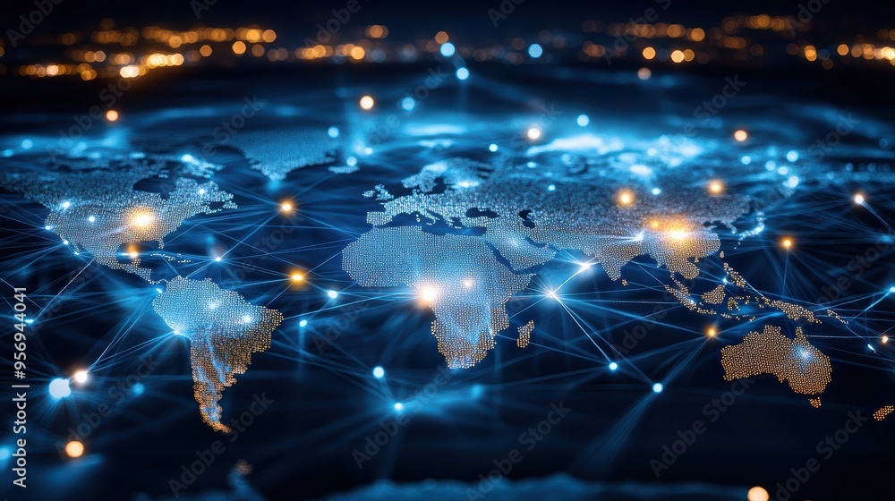 Poster a digital representation of the world map showcasing interconnected networks and global technology i