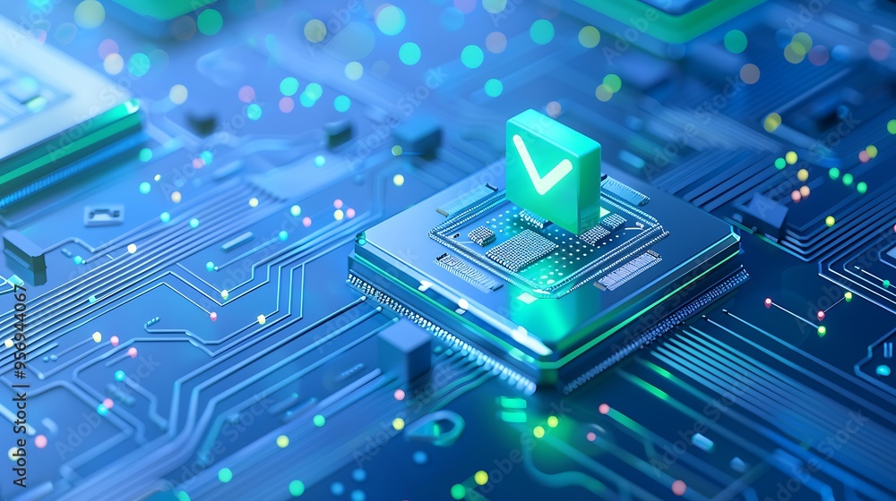 Poster close-up of a microchip with a glowing checkmark symbol, illustrating successful processing and secu