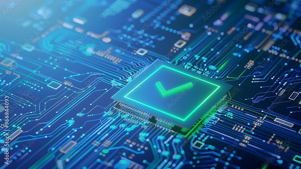 Poster close-up of a microchip with a glowing green check mark on a blue printed circuit board, representin