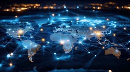 A digital representation of the world map showcasing interconnected networks and global technology in a vibrant blue tone.