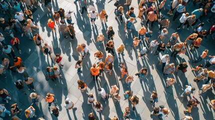 An aerial view of a crowded urban space with people walking in various directions, casting long shadows on the pavement.