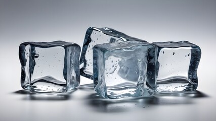 Four flying ice cube bits on a white background
